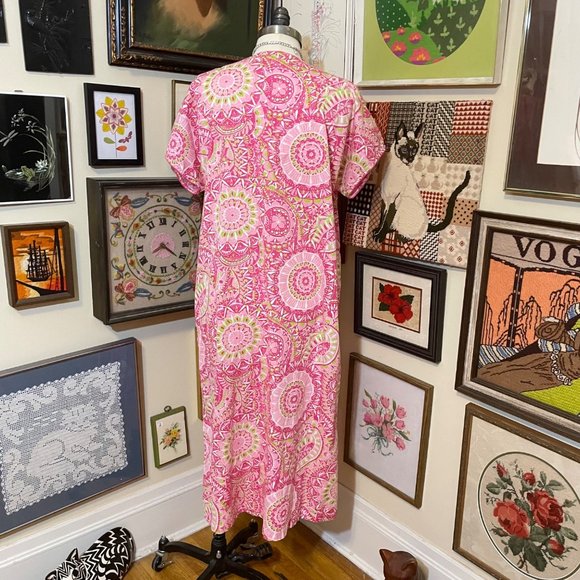 Super Soft Pink Green White V-Neck Short Sleeve Zip Front House Dress Coverup 2X - Picture 4 of 4